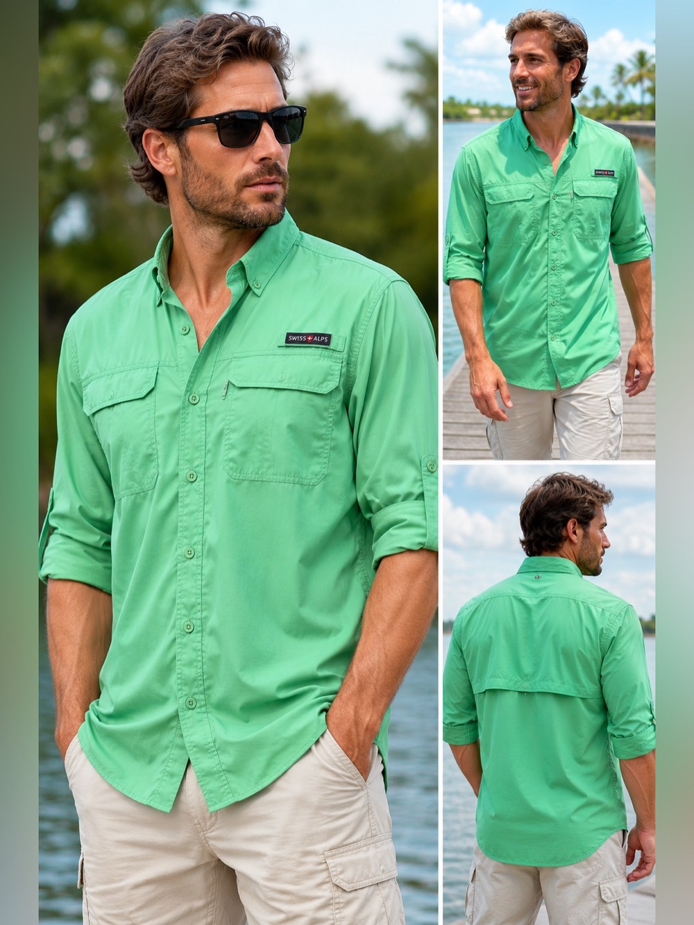 Swiss Alps Men’s Lightweight Button-Down Shirt — Mint Green- Large
